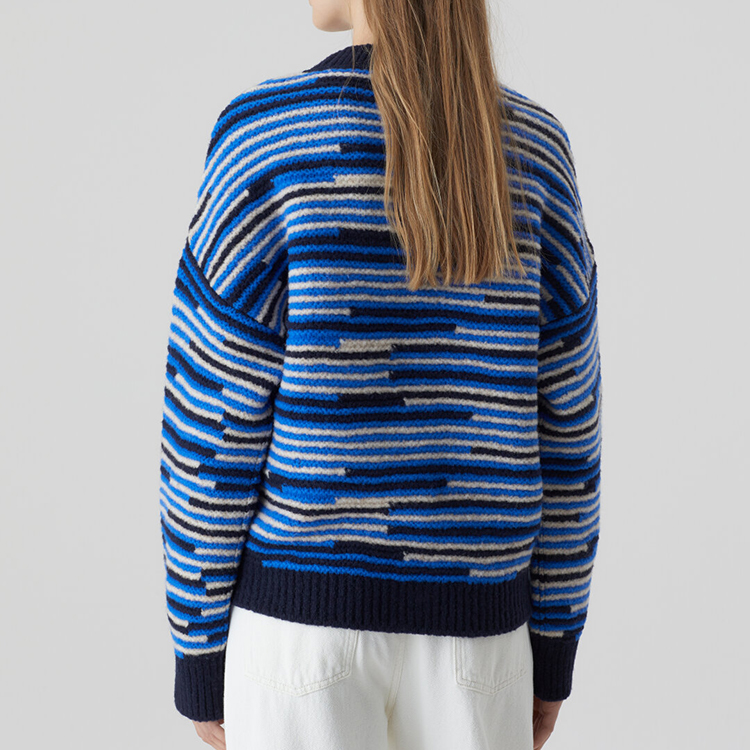 Navy Blue Striped Crew Neck Pullover Sweater