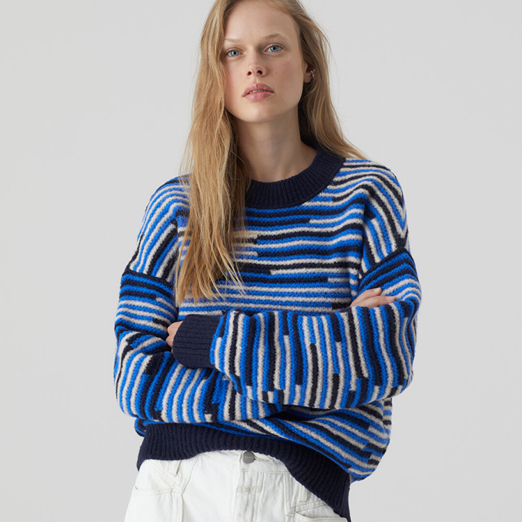 Navy Blue Striped Crew Neck Pullover Sweater