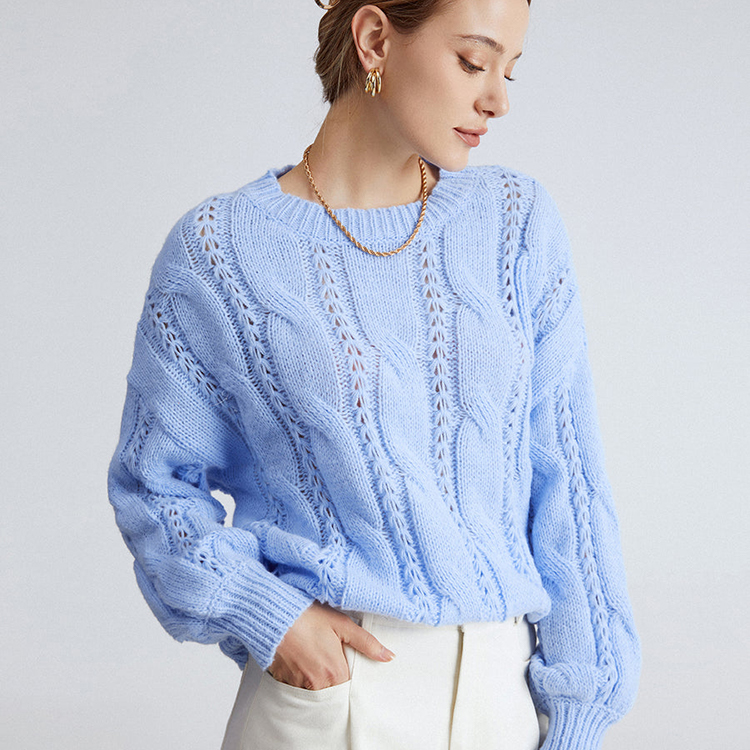 Women Blue Cable Knit Sweater