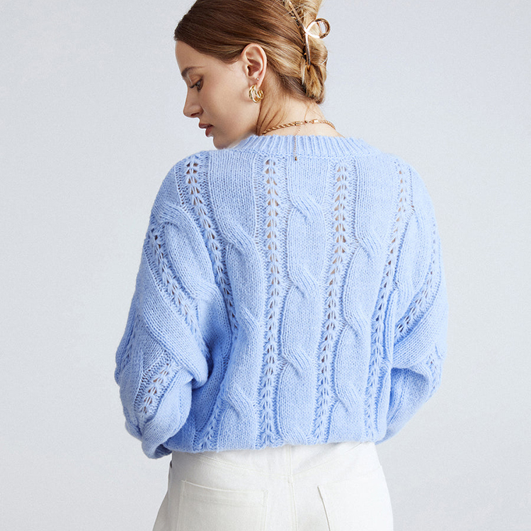 Women Blue Cable Knit Sweater