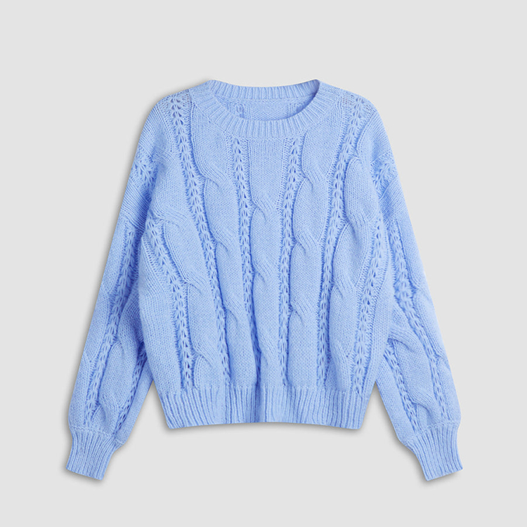 Women Blue Cable Knit Sweater