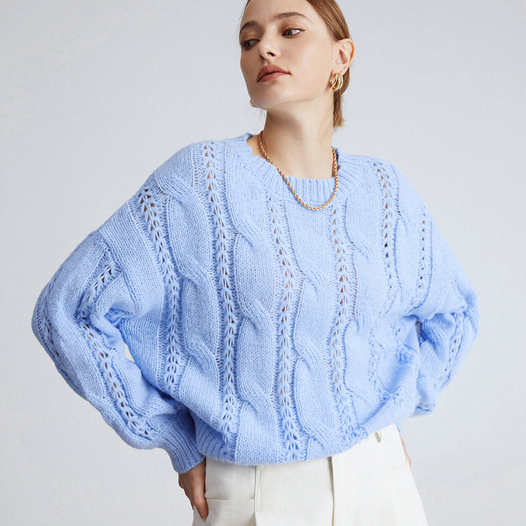 Women Blue Cable Knit Sweater