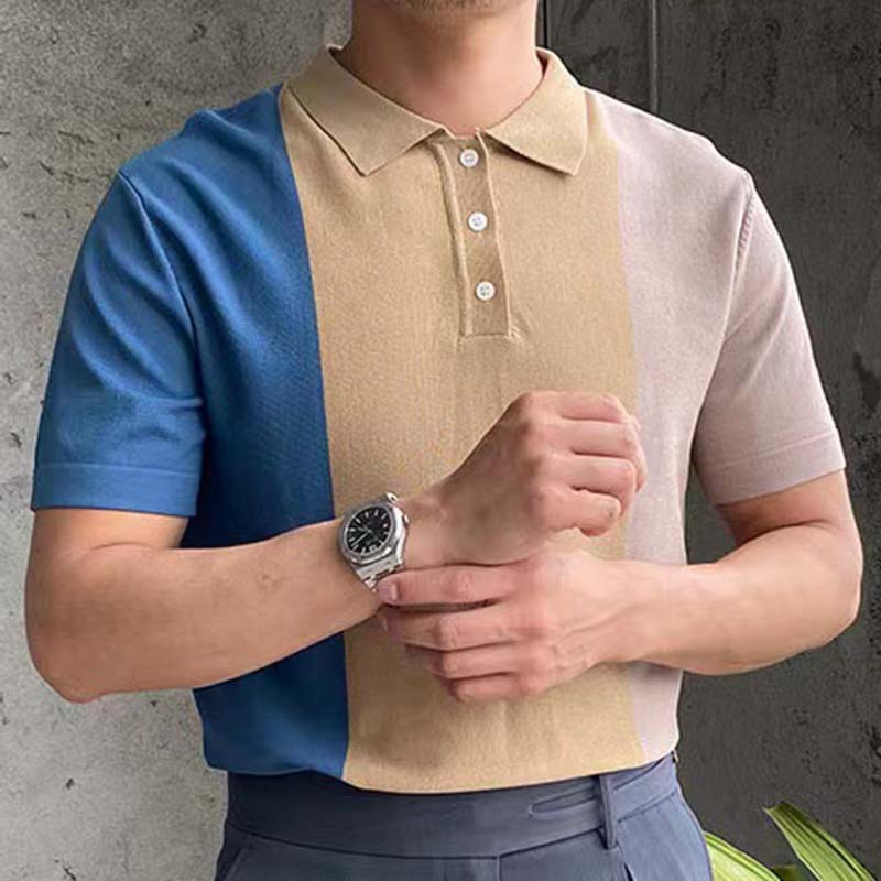 Summer Color Block Men's Knitwear Business Knit Polo Shirt